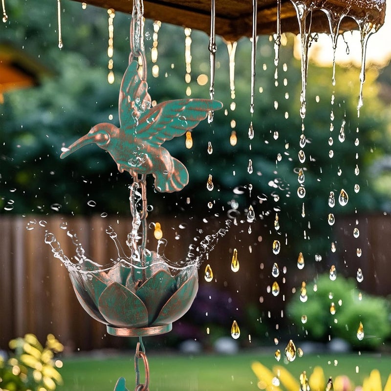 shumi 8.8ft Rain Chain for Gutters Downspouts Outside,Hummingbird Rain Chain with 12 Copper Lotus Rain Chain Cups,Functional and Decorative Replacement for Gutter Downspouts - Image 2